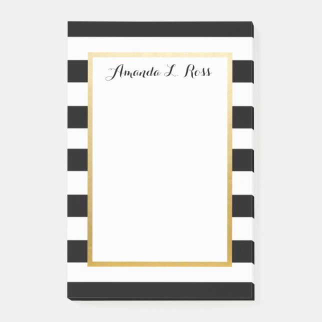 Black, White, Gold Striped Post it Note Pad (Front)