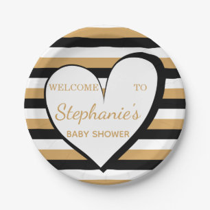 Black, White, Gold Stripes and Heart Baby Shower Paper Plate