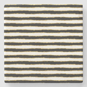 Black White Gold Stripes Stone Coaster