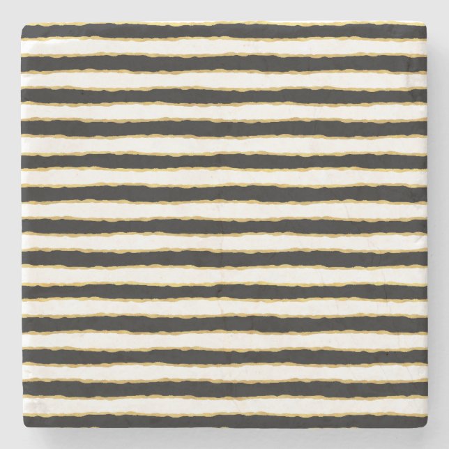 Black White Gold Stripes Stone Coaster (Front)
