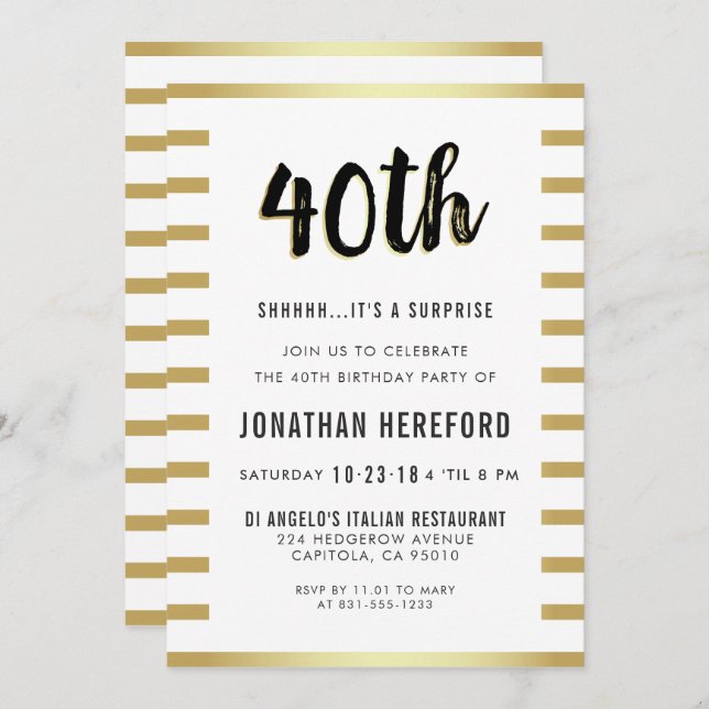 Black, White & Gold Surprise 40th Birthday Party Invitation (Front/Back)