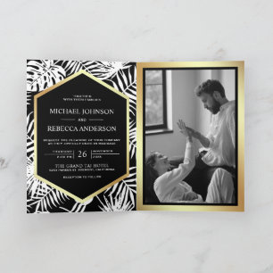 Black White Gold Tropical Palm QR Code Wedding Invitation
