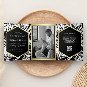 Black White Gold Tropical Palm QR Code Wedding Tri-Fold Invitation