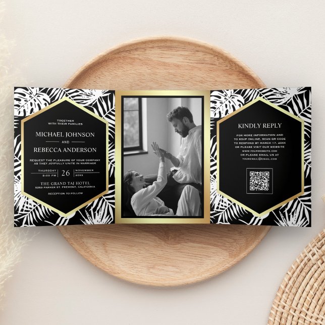 Black White Gold Tropical Palm QR Code Wedding Tri-Fold Invitation (Creator Uploaded)