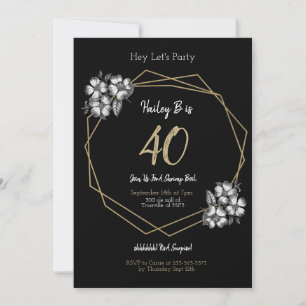 Black White & Gold Vintage Floral 40th Bday Invitation