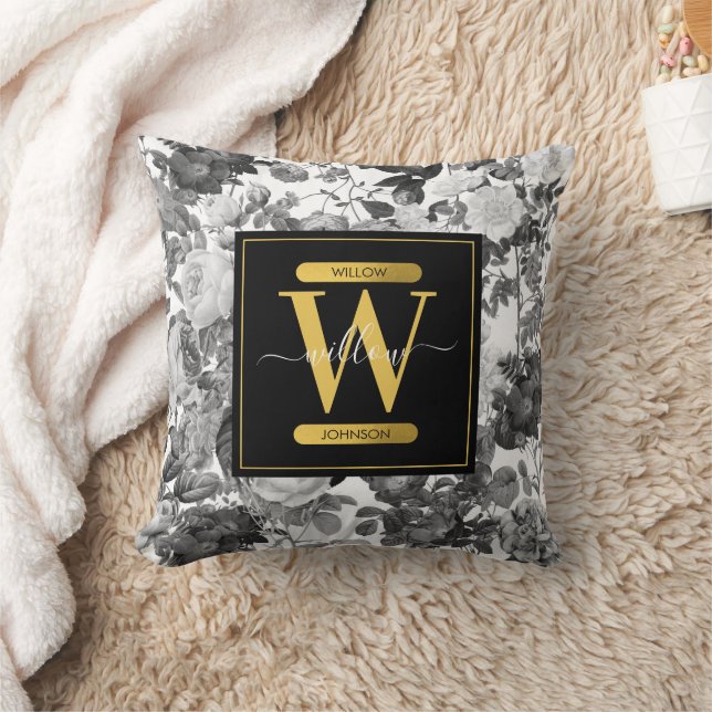 Black, White & Gold Vintage Floral Monogram  Cushion (Blanket)
