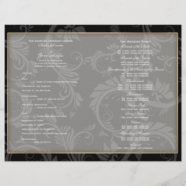 Black white gold "wedding program" wedding (Front)