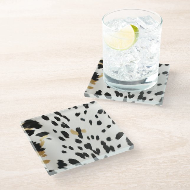 Black White Gold Western Cowhide Glass Coaster (Angled)