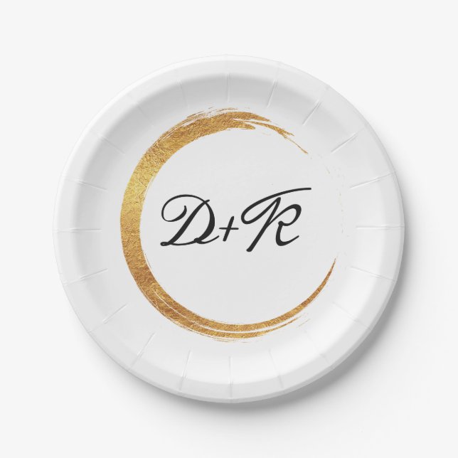 Black White Golden Ring Monogram Initials Name Paper Plate (Front)
