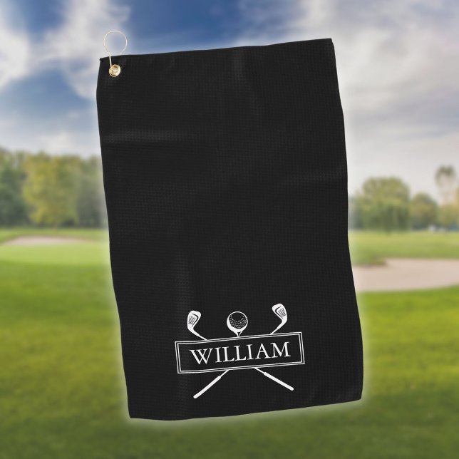 Black White Golf Clubs And Ball Personalised Name Golf Towel (Black White Golf Clubs And Ball Personalized Name Golf Towel)