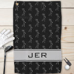 Black & White Golfer Male Silhouette Monogrammed Golf Towel<br><div class="desc">Design features a repeating pattern of a male swinging golfer silhouette in white line art on a classic black background. A thick gray band has matching stripes in black and white at the border and modern template for name in black script. Custom colors requests accepted. Email me at beachpausedesigns@gmail.com or...</div>