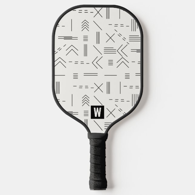 Black White Gorgeous Modern Geometric Monogram Pickleball Paddle (Front)