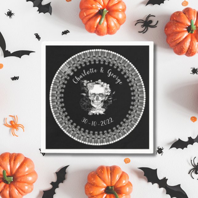 Black White Gothic Floral Skull Halloween Wedding Napkin (Creator Uploaded)