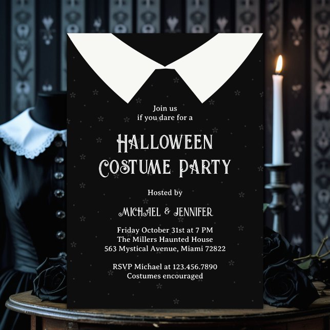 Black & White Gothic Girl Dress Halloween Party Invitation (Dark Academia Collar Halloween Costume Party  Black & White Gothic Girl)