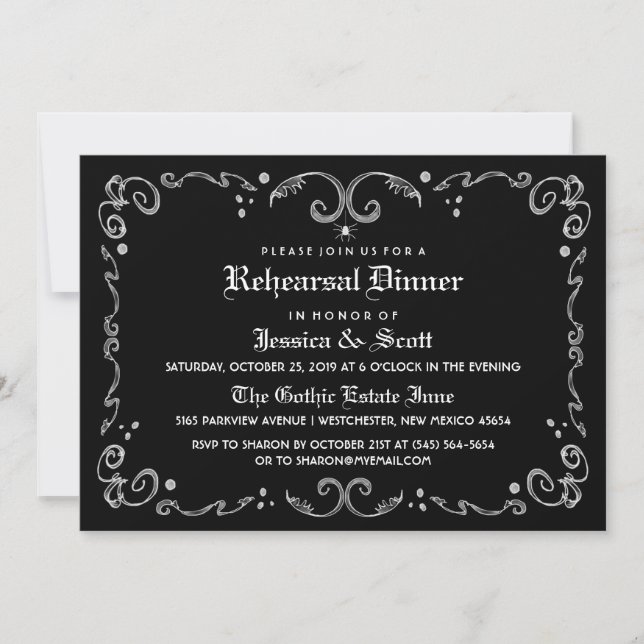 Black White Gothic Scroll Rehearsal Dinner Invite (Front)