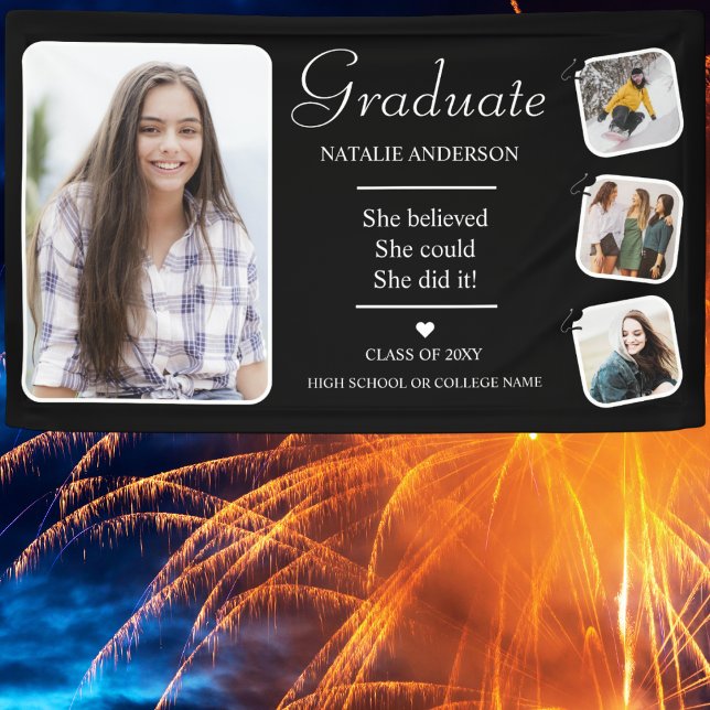 Black White Graduate Modern Photo Graduation Party Banner (Creator Uploaded)