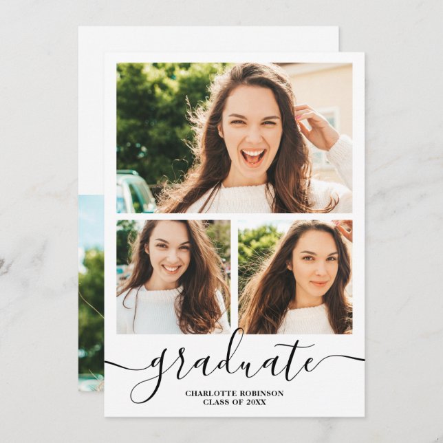Black white graduate script 4 photos graduation invitation (Front/Back)