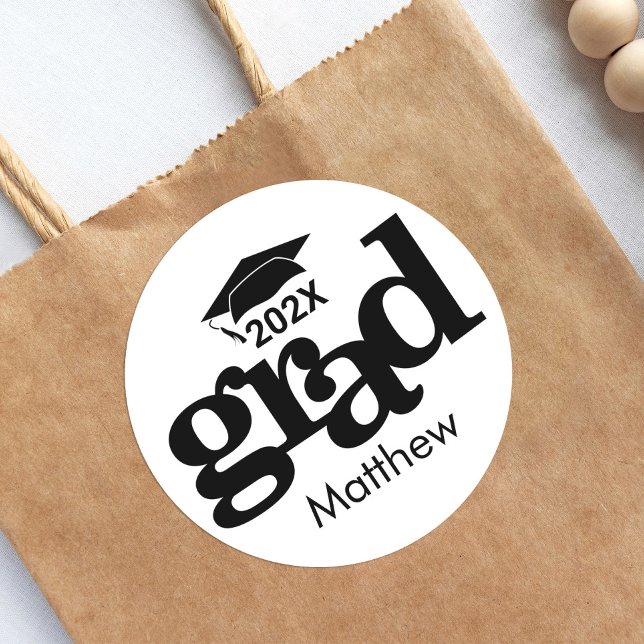Black White Graduation Bold Modern Typography Classic Round Sticker (Creator Uploaded)