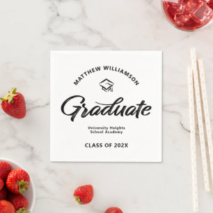 Black White Graduation Bold Retro Script Cap Icon Napkin