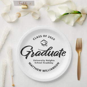 Black White Graduation Bold Retro Script Cap Icon Paper Plate