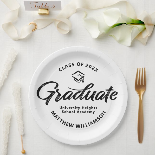 Black White Graduation Bold Retro Script Cap Icon Paper Plate (Wedding)