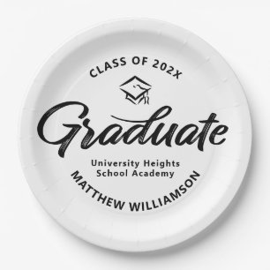 Black White Graduation Bold Retro Script Cap Icon Paper Plate