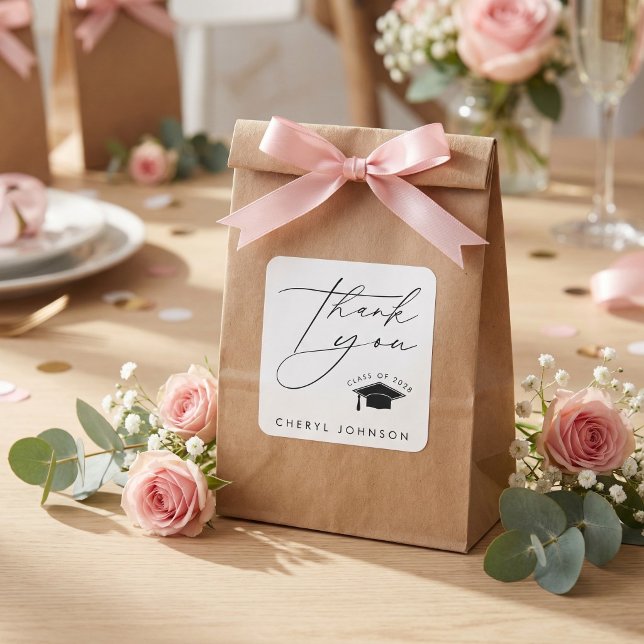 Black White Graduation Cap Thank You Square Sticker (Creator Uploaded)