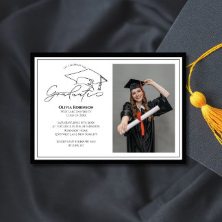Black White Graduation cap typography photo Invitation