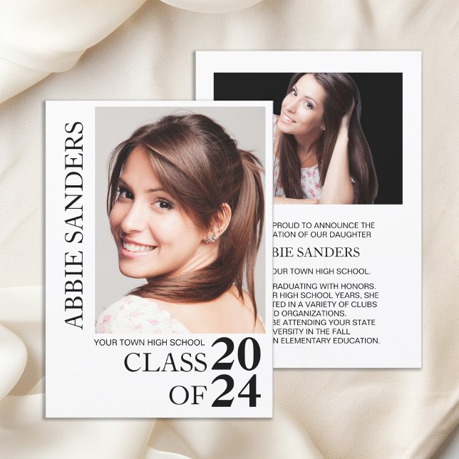 Black White Graduation Photo Announcement (Black and white Class of 2024 high school graduation photo announcement)