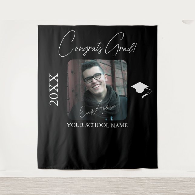 Black & White Graduation Photo Backdrop Tapestry (Front)