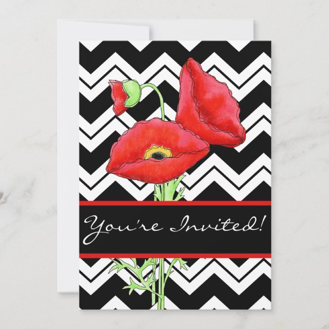 Black White Graphic Chevron ZizZag Red Poppy Black Invitation (Front)