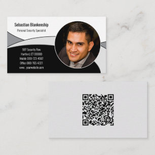Black, White & Gray Abstract with QR Code & Photo Business Card