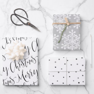Black white & gray Merry Christmas Snowflakes set Wrapping Paper Sheet
