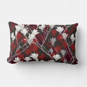 Black White Gray & Red Floral Design Lumbar Cushion