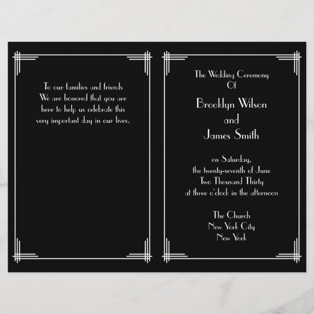 Black White Great Gatsby Art Deco Wedding Programs (Front)