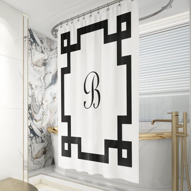 Black White Greek Key Monogram Shower Curtain (Creator Uploaded)