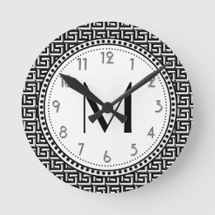 Black   White Greek Key Pattern Monogram Round Clock