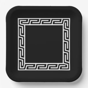 Black  white Greek Key Square Paper Plate