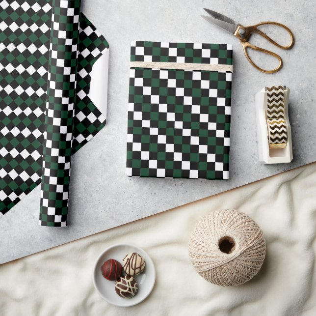 Black White Green Chequerboard Chequered  Wrapping Paper (Crafts)