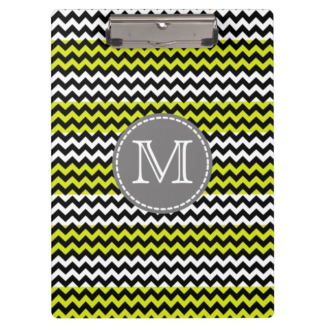 Black White Green Chevron Zigzag Monogram Clipboard (Front)