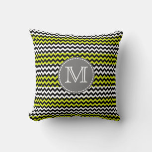 Black White Green Chevron Zigzag Monogram Cushion
