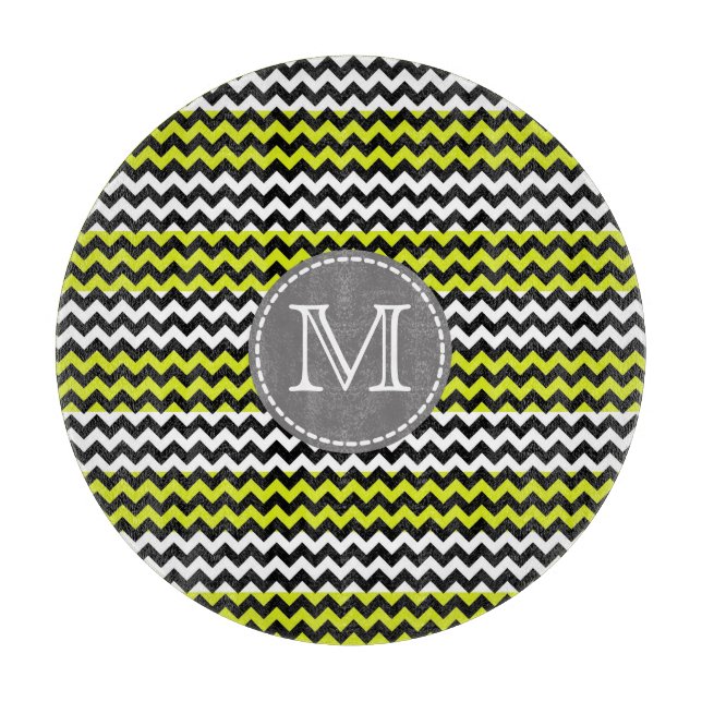 Black White Green Chevron Zigzag Monogram Cutting Board (Front)