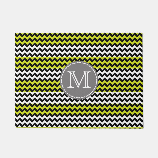 Black White Green Chevron Zigzag Monogram Doormat (Front)