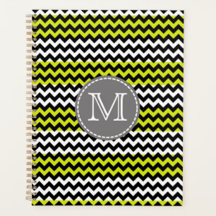 Black White Green Chevron Zigzag Monogram Planner