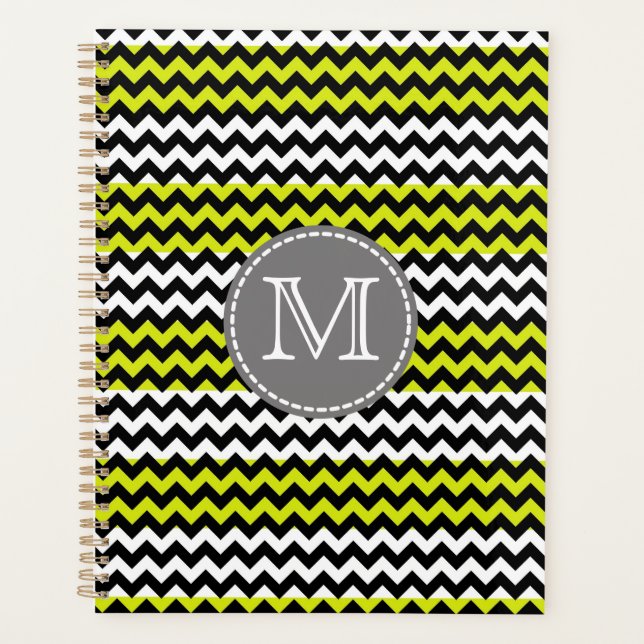 Black White Green Chevron Zigzag Monogram Planner (Front)