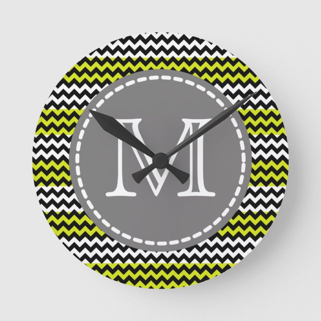 Black White Green Chevron Zigzag Monogram Round Clock (Front)