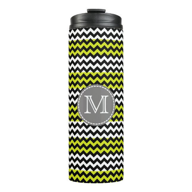Black White Green Chevron Zigzag Monogram Thermal Tumbler (Front)