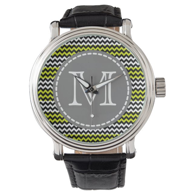 Black White Green Chevron Zigzag Monogram Watch (Front)
