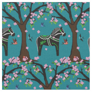 Black/white/green Folk Dala horse/birds/flowers 2. Fabric