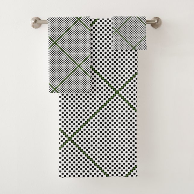 Black White Green Hexagon Pattern Bath Towel Set (Insitu)